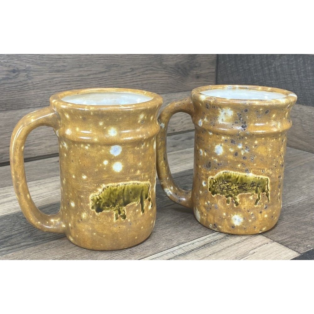 Pair of 2 Coffee Mugs High Relief Buffalo Bison Speckled Tan Ceramic